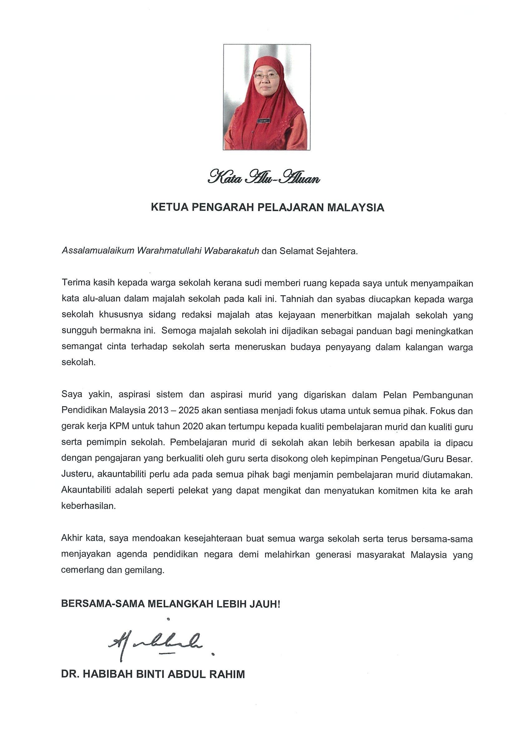 Kata Alu aluan Ketua Pengarah Pelajaran Malaysia  Untuk 