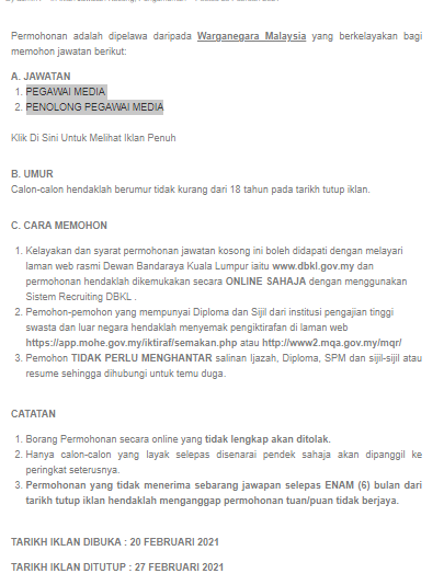 Jawatan kosong di Dewan Bandaraya Kuala Lumpur 1 Jawatan kosong di Dewan Bandaraya Kuala Lumpur