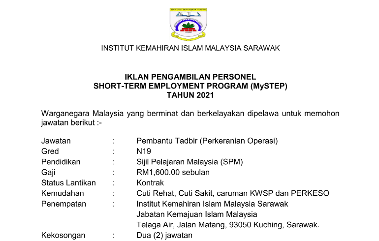 Jawatan kosong di Institut kemahiran Islam Malaysia Sarawak 1 Jawatan kosong di Institut kemahiran Islam Malaysia Sarawak