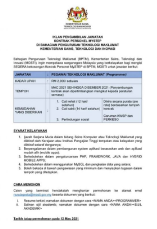 Jawatan kosong di Kementerian sains, teknologi dan inovasi (MOSTI) 1 Jawatan kosong di Kementerian sains, teknologi dan inovasi