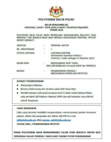 Jawatan kosong di Politeknik Balik Pulau 1 Jawatan kosong di Politeknik Balik Pulau