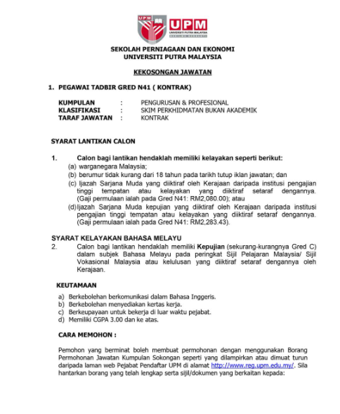 Jawatan kosong di Universiti Putra Malaysia 1 Jawatan kosong di Universiti Putra Malaysia