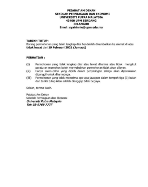Jawatan kosong di Universiti Putra Malaysia 2 Jawatan kosong di Universiti Putra Malaysia