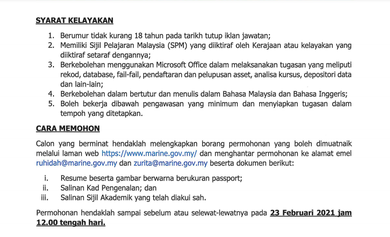 Jawatan kosong di Jabatan Laut Malaysia 1