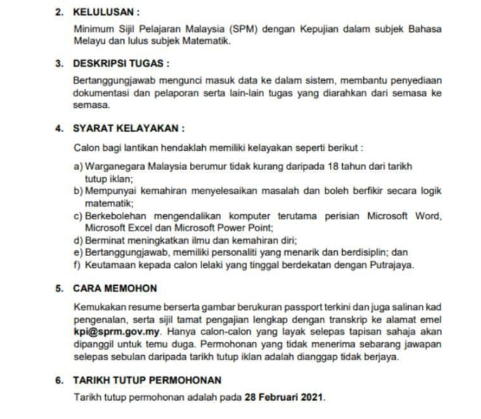 Jawatan kosong di Suruhanjaya Pencegahan Rasuah Malaysia (SPRM) 2 Jawatan kosong di Surahanjaya Pencegahan Rasuah Malaysia