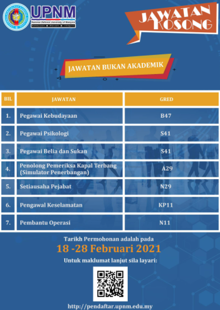 Jawatan kosong di Unversiti Pertahanan Nasional Malaysia 1 Jawatan kosong di Unversiti Pertahanan Nasional Malaysia
