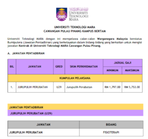 Jawatan Kosong Di Universiti Teknologi MARA 1 Jawatan Kosong