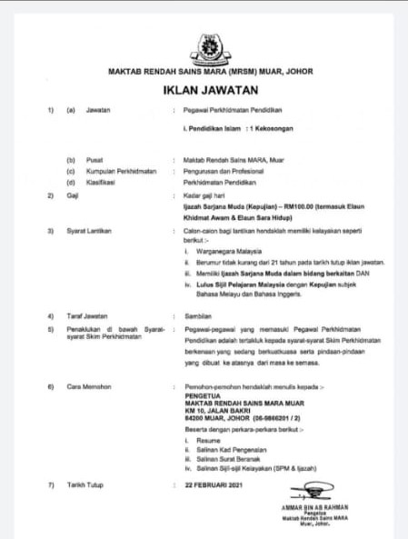 jawatan kosong di Maktab Rendah Sains Mara