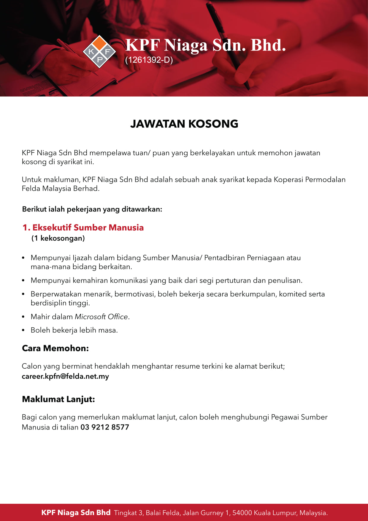 Jawatan kosong di KPF Niaga Sdn Bhd 1 Jawatan kosong di KPF Niaga Sdn Bhd