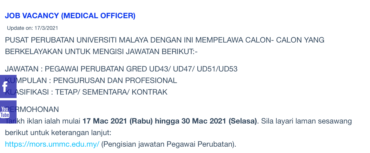 Jawatan Kosong Di Pusat Perubatan Universiti Malaya (PPUM) 1 Jawatan Kosong Di Pusat Perubatan Universiti Malaya