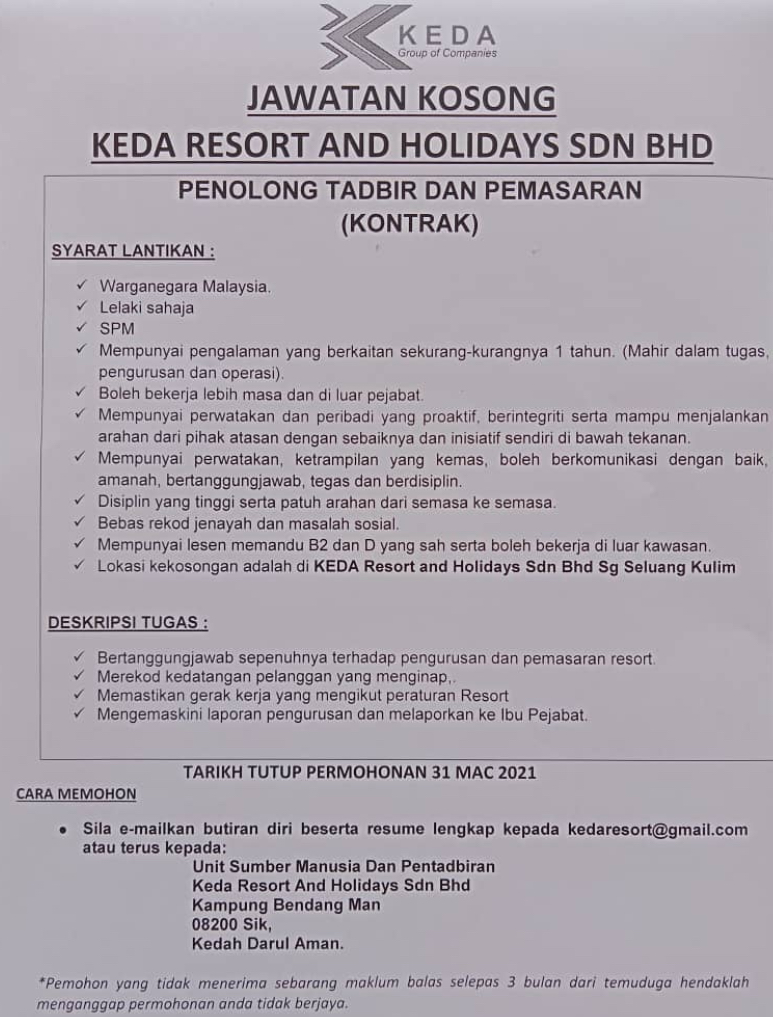 Jawatan Kosong Di Keda Resort And Holidays Sdn Bhd 1 Jawatan Kosong Di Keda Resort And Holidays Sdn Bhd