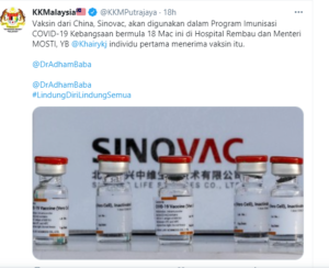 YB Khairy Penerima Pertama Vaksin Sinovac Khamis Ini 2 vaksin sinovac