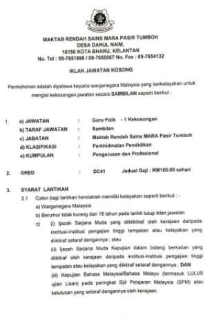 Jawatan kosong di Maktab rendah Sains Mara Kelantan 1 https://www.tcer.my/jawatan-kosong-di-perbadanan-teknologi-hijau-melaka/