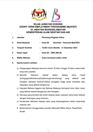 Jawatan kosong Di Jabatan Biokeselamatan kementerian Alam Sekitar Dan Air 2 Jawatan kosong di jabatan biokeselamatan kementerian alam sekitar dan air