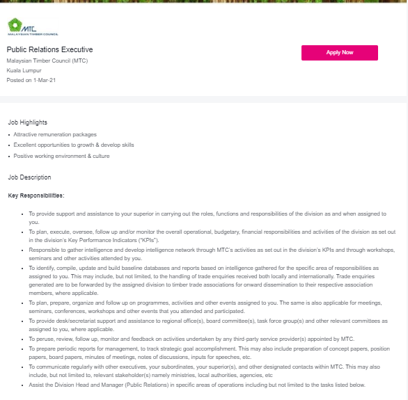 Jawatan kosong di Malaysia Timber Council (MTC)