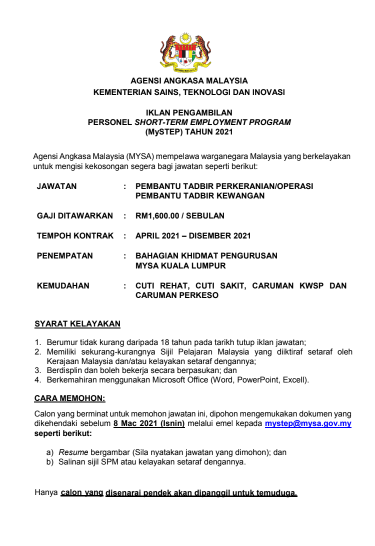Jawatan kosong di Agensi Angkasa Malaysia (MYSA)