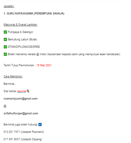 Jawatan kosong di Sekolah Rendah Fathul Furqan