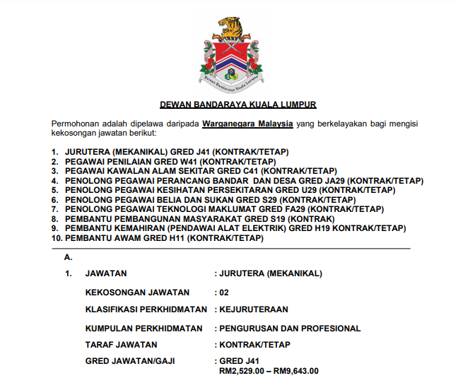 Jawatan kosong di Dewan Bandaraya Kuala Lumpur pada bulan mac 1 Jawatan kosong di Dewan Bandaraya Kuala Lumpur pada bulan mac