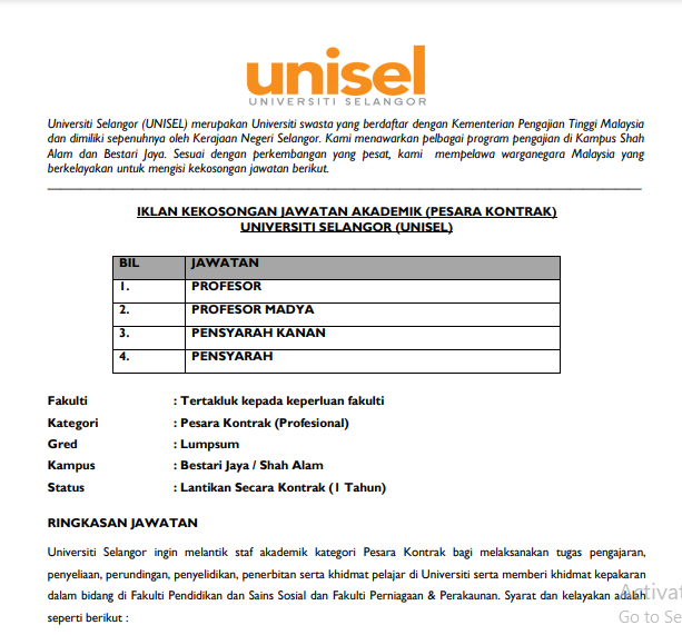 Jawatan kosong di Universiti Selangor (UNISEL) 1 Jawatan kosong di Universiti Selangor (UNISEL)
