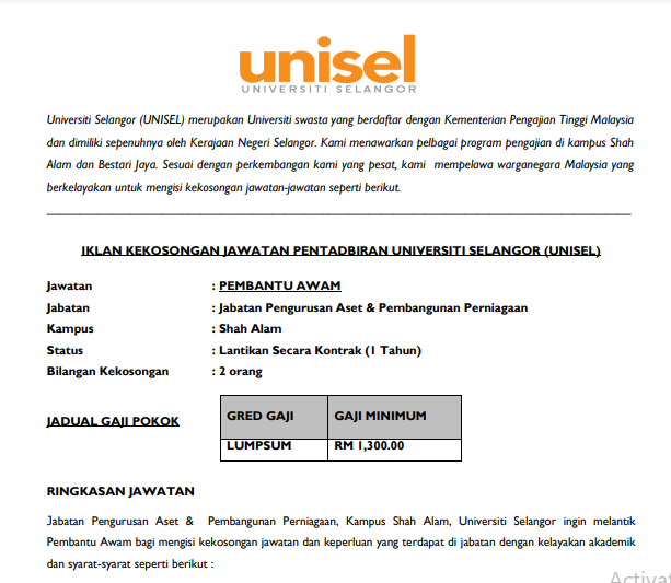 Jawatan kosong di Universiti Selangor (UNISEL) 3 Jawatan kosong di Universiti Selangor (UNISEL)