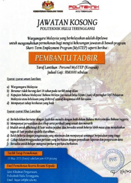 Jawatan kosong di Politeknik Hulu Terengganu 1 Jawatan kosong di Politeknik Hulu Terengganu