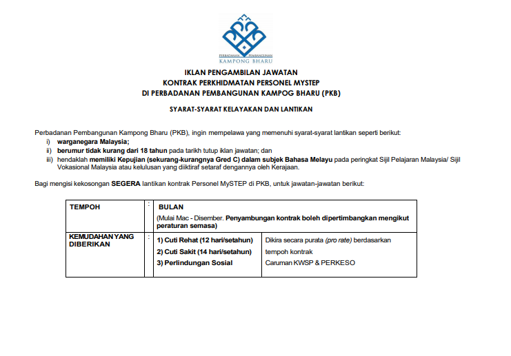 Jawatan kosong di Perbadanan Pembangunan Kampong Bharu (PKB)