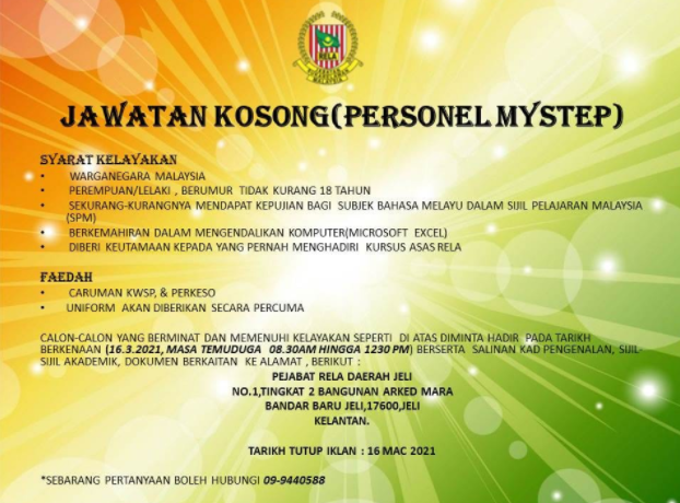 Jawatan kosong di Jabatan Sukarelawan Malaysia (RELA) 1 Jawatan kosong di Jabatan Sukarelawan Malaysia (RELA)