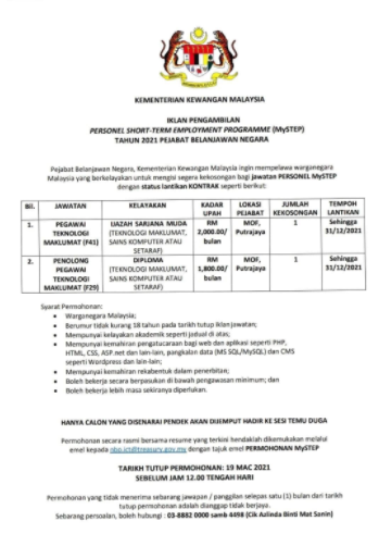 Jawatan kosong di Kementerian Kewangan Malaysia 1 Jawatan kosong di Kementerian Kewangan Malaysia