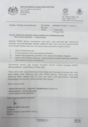Jawatan kosong di Maktab Rendah Sains Mara Sarawak 1 Jawatan kosong di Maktab Rendah Sains Mara Sarawak