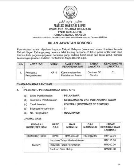 Jawatan kosong di Majlis Daerah Lipis 1 Jawatan kosong di Majlis Daerah Lipis
