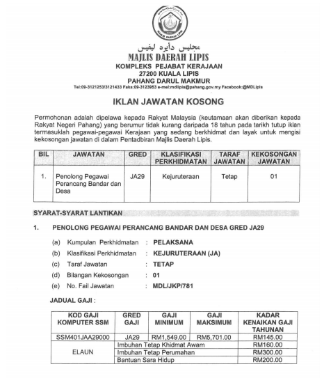Jawatan kosong di Majlis Daerah Lipis 2 Jawatan kosong di Majlis Daerah Lipis