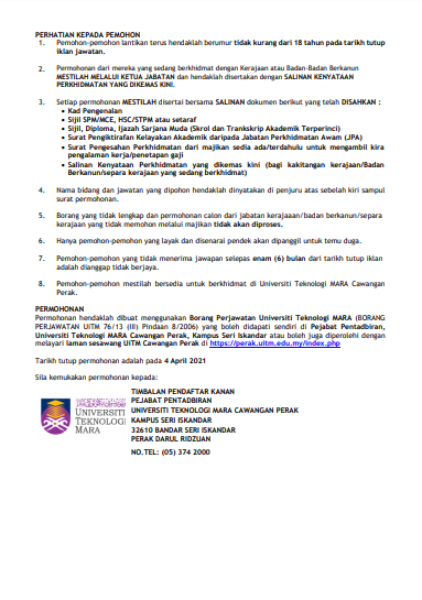 Jawatan kosong di Universiti Teknologi Mara Perak