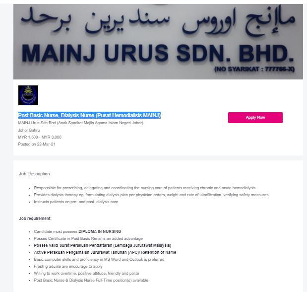 Jawatan kosong di MAINJ Urus Sdn Bhd