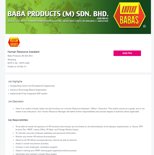 Jawatan kosong di Baba Products 1 Jawatan kosong di Baba Products