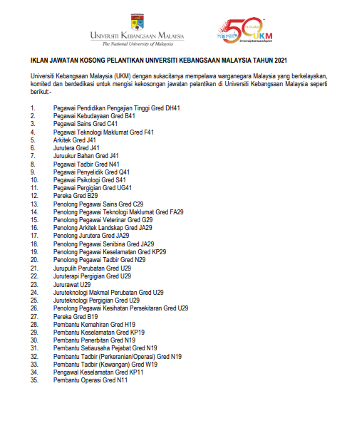 Jawatan kosong di Universiti Kebangsaan Malaysia (UKM) 1 Jawatan kosong di Universiti Kebangsaan Malaysia (UKM)