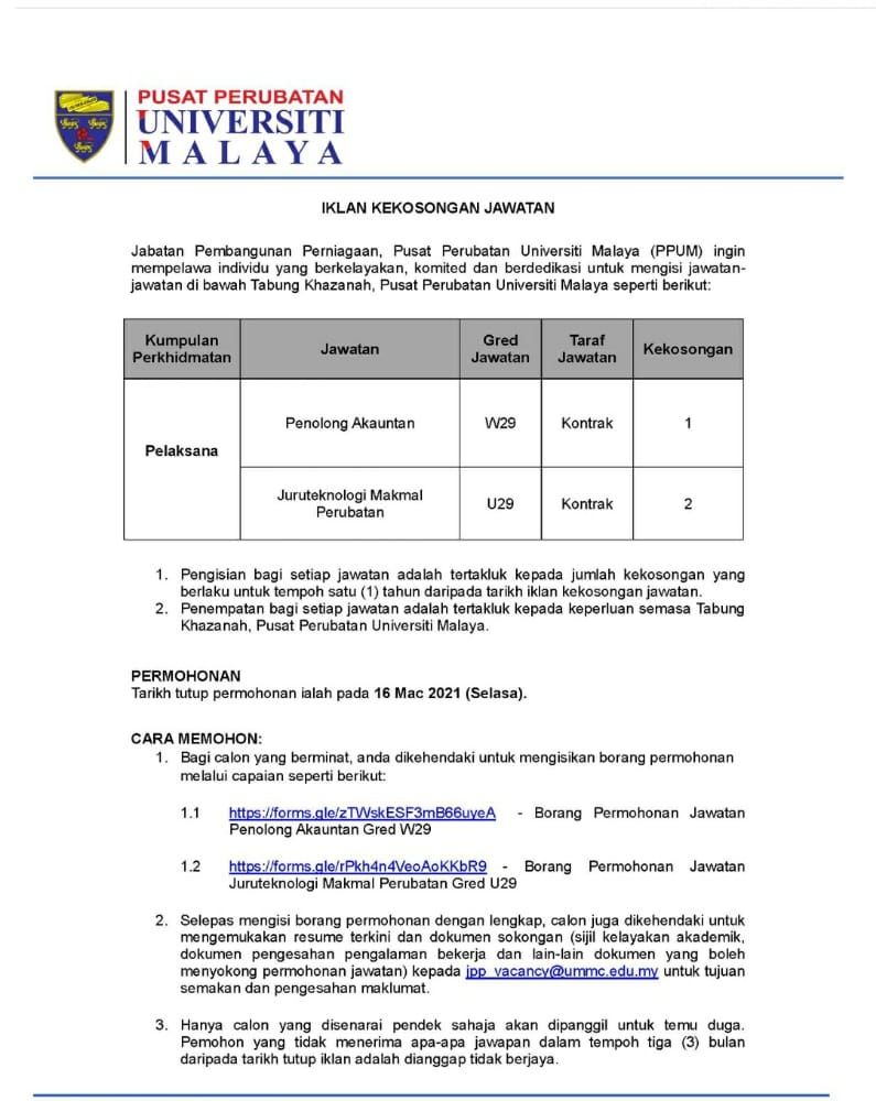 Jawatan kosong di Pusat Perubatan Universiti Malaya 1 Jawatan kosong di Pusat Perubatan Universiti Malaya
