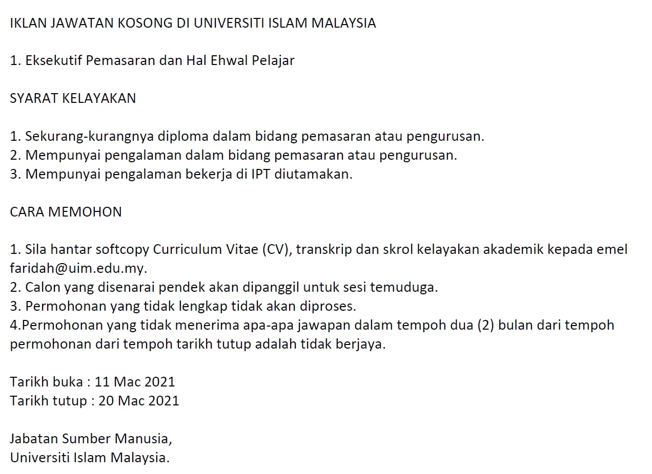 Jawatan kosong di Universiti Islam Malaysia 1 Jawatan kosong di Universiti Islam Malaysia