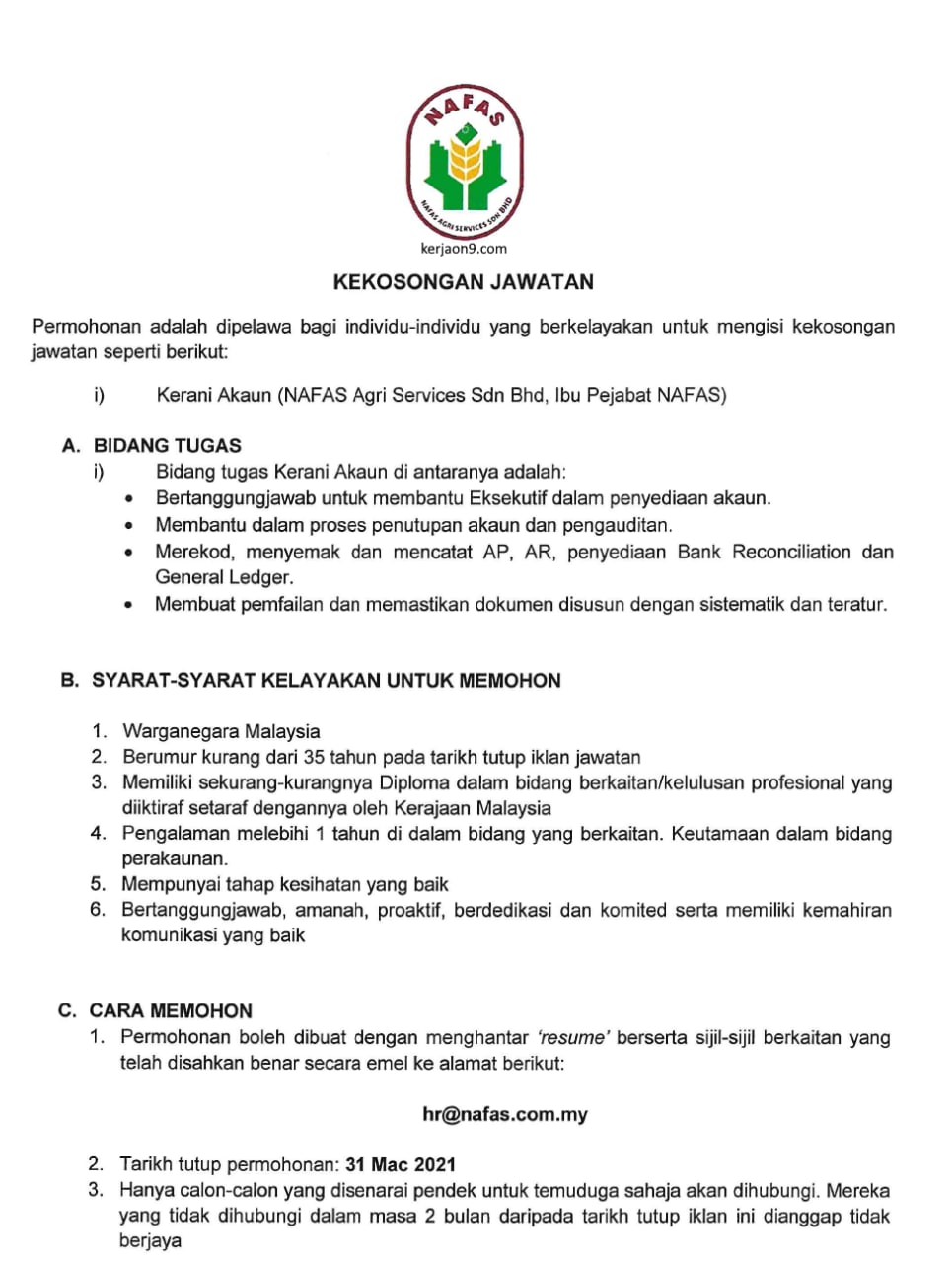 Jawatan kosong di Pertubuhan Peladang Kebangsaan (NAFAS) 1 Jawatan kosong di Pertubuhan Peladang Kebangsaan (NAFAS)