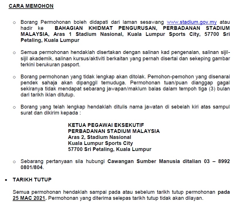 Jawatan kosong di Perbadanan Stadium Malaysia 2 Jawatan kosong di Perbadanan Stadium Malaysia
