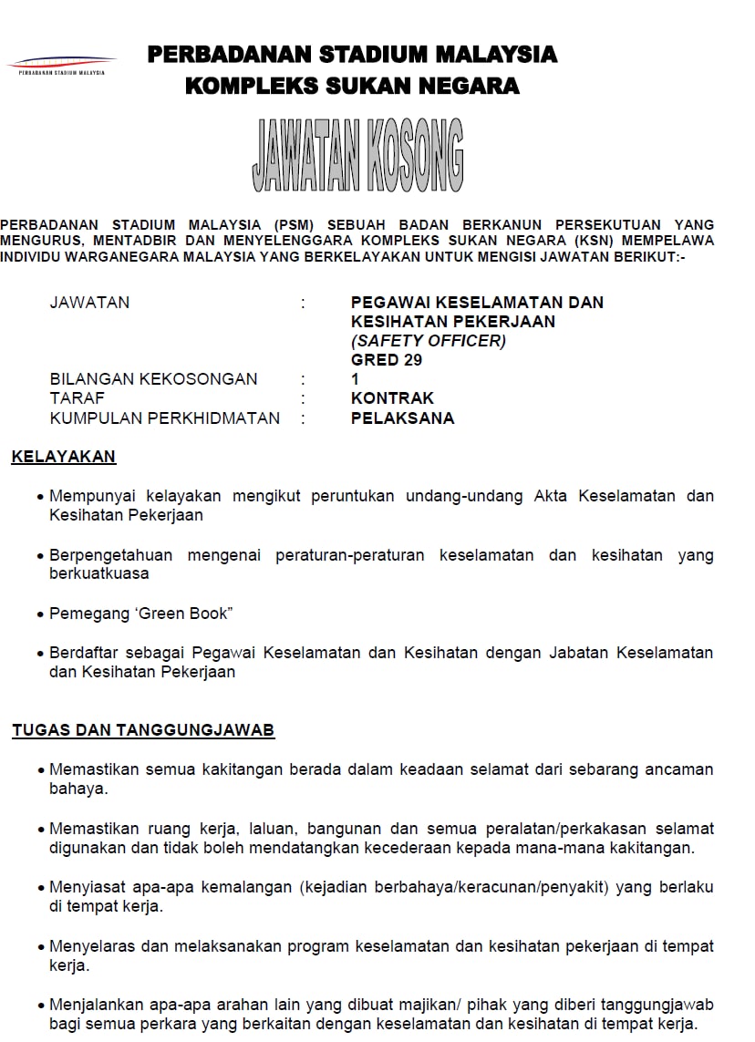 Jawatan kosong di Perbadanan Stadium Malaysia 1 Jawatan kosong di Perbadanan Stadium Malaysia