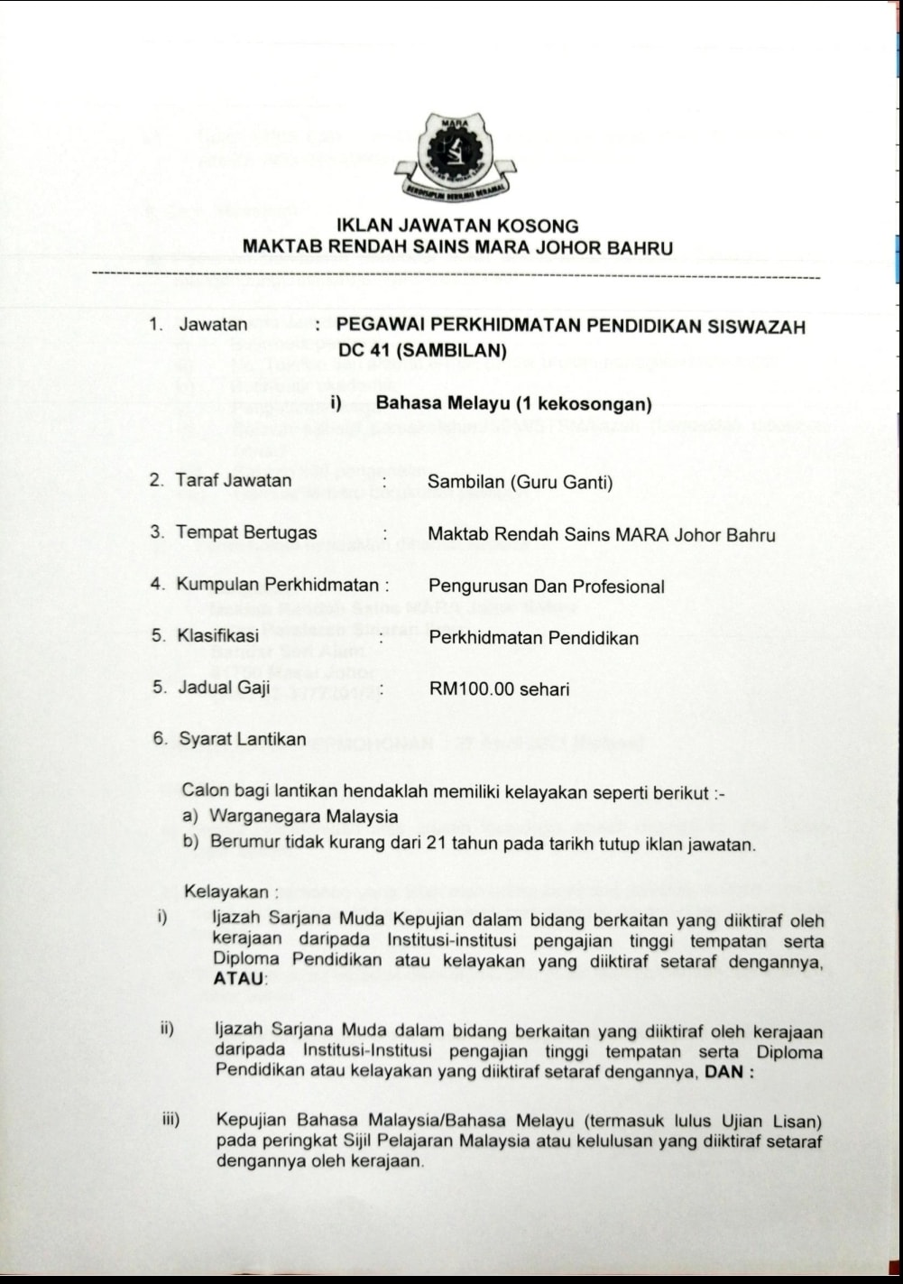 Jawatan Kosong Di Maktab Rendah Sains Mara Johor Bharu
