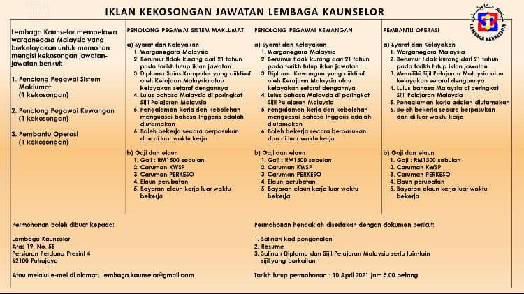 Jawatan kosong di Lembaga Kaunselor 1 Jawatan kosong di Lembaga Kaunselor