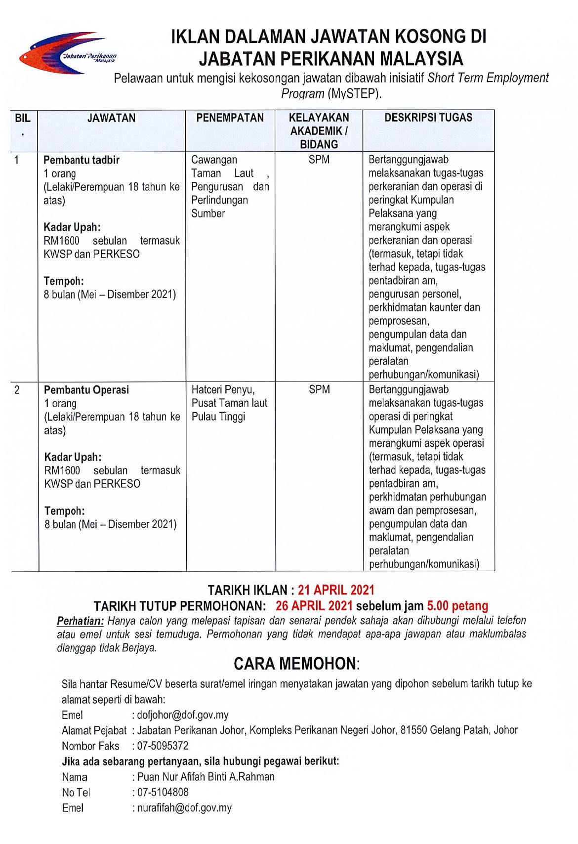 Jawatan kosong di Jabatan Perikanan Malaysia 1 Jawatan kosong di Jabatan Perikanan Malaysia