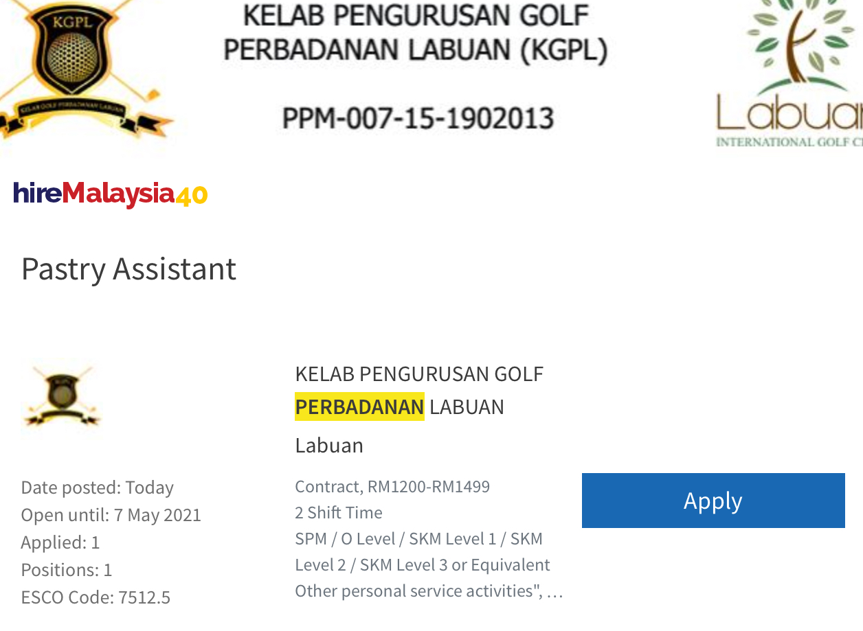 Jawatan Kosong Di Kelab Pengurusan Golf Perbadanan Labuan 
