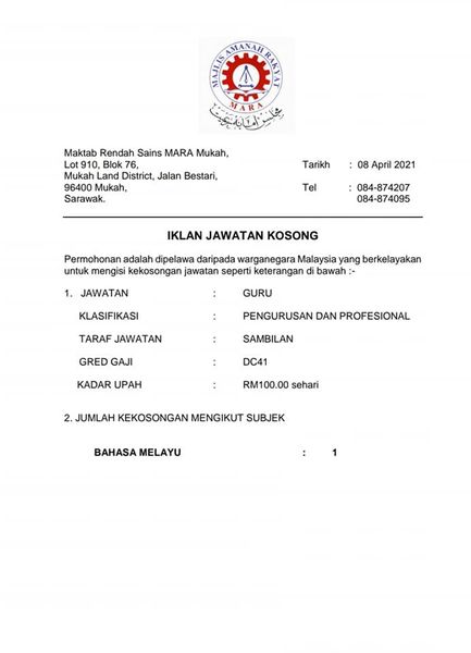 Jawatan Kosong Di Maktab Rendah Sains Mara Mukah 