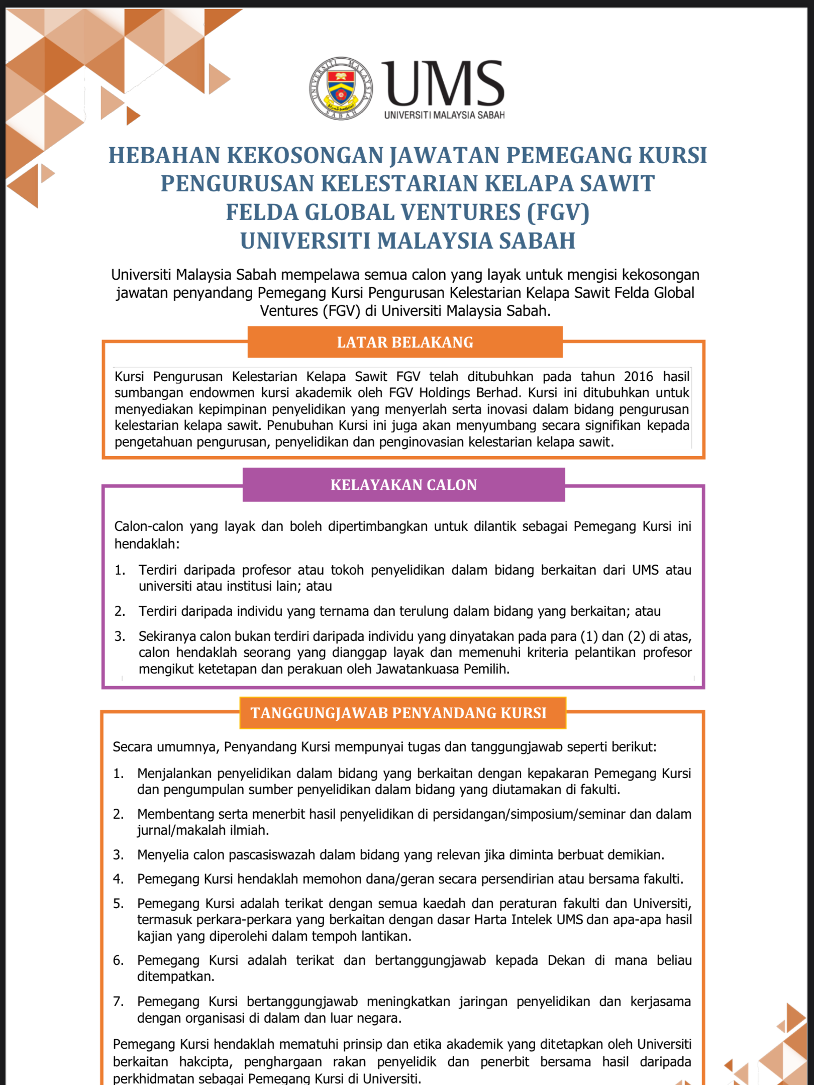 Jawatan kosong Di Universiti Malaysia Sabah 