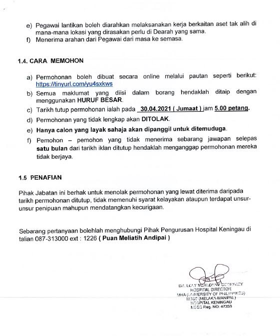 Jawatan kosong di Hospital Keningau 3 Jawatan kosong di Hospital Keningau