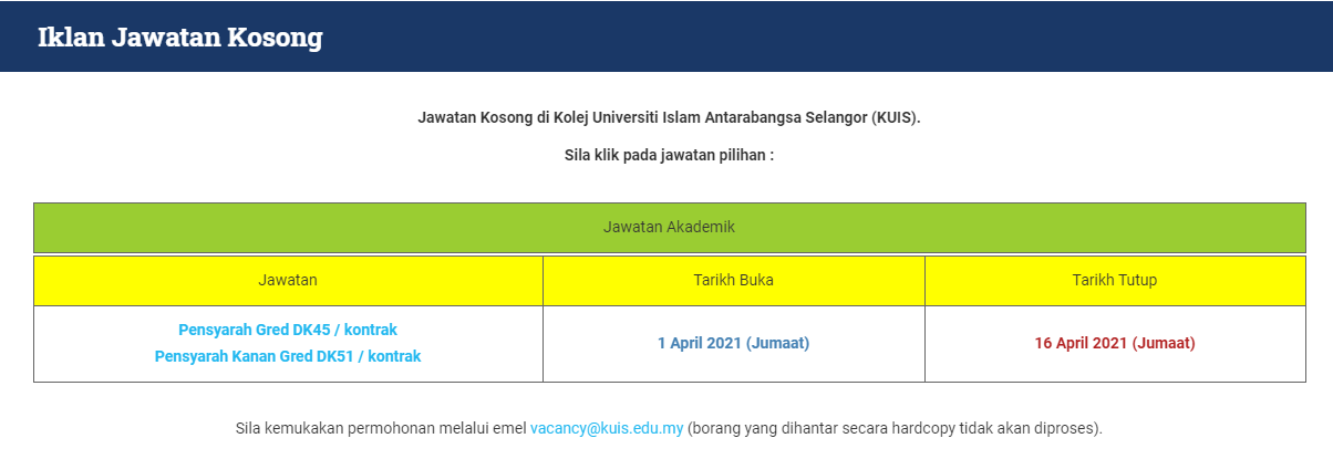 Jawatan kosong di Kolej Universiti Islam Selangor (KUIS) 1 Jawatan kosong di Kolej Universiti Islam Selangor (KUIS)