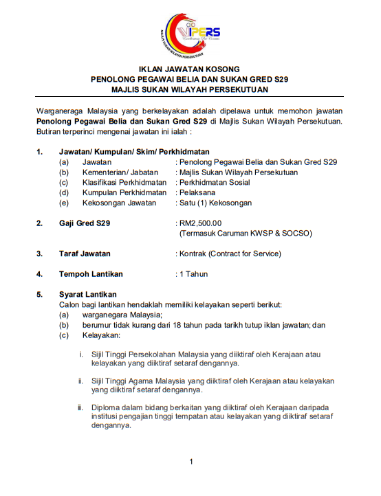 Jawatan kosong di Majlis Sukan Wilayah Persekutan (WIPERS)
