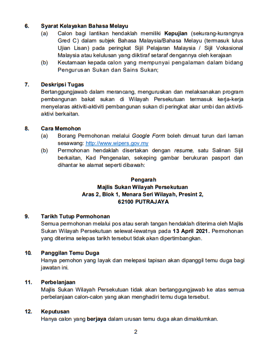 Jawatan kosong di Majlis Sukan Wilayah Persekutan (WIPERS)